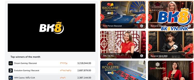 Các sảnh game chơi casino BK8 uy tín