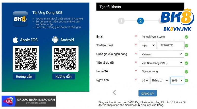 Nhập đầy đủ các mục cần thiết để đăng ký tại BK8